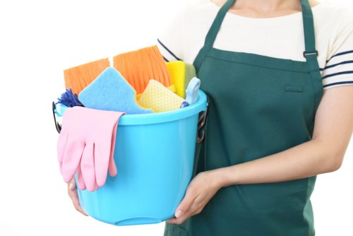 Professional office cleaners working in a N19 workplace reception area